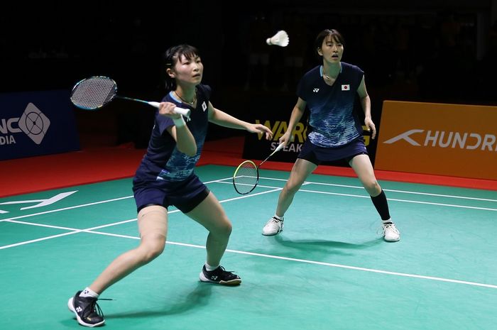 Ganda putri Jepang, Mei Sudo/Nao Yamakita, saat final Kejuaraan Asia Junior 2023 di GOR Amongrogo, Yogyakarta, 16 Juli 2023.