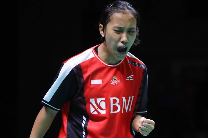 Tunggal putri Indonesia, Mutiara Ayu Puspitasari, memenangi final Kejuaraan Asia Junior 2023 di GOR Amongrogo, Yogyakarta, 16 Juli 2023.