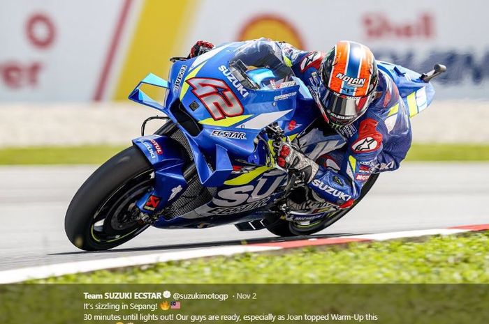 Pembalap Suzuki Ecstar, Alex Rins saat melakukan sesi pemanasan MotoGP Malaysia 2019, Minggu (3/11/2019)