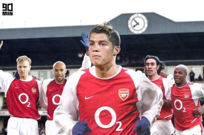 Dennnis Bergkamp, Thierry Henry, Cristiano Ronaldo, Robert Pires, dan Sylvain Wiltord diilustrasikan menggunakan kostum Arsenal.