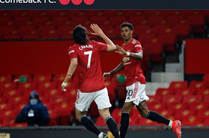 Marcus Rashford (kanan) menginisiasi kebangkitan Manchester United atas Brighton and Hove Albion di Liga Inggris, 4 April 2021.