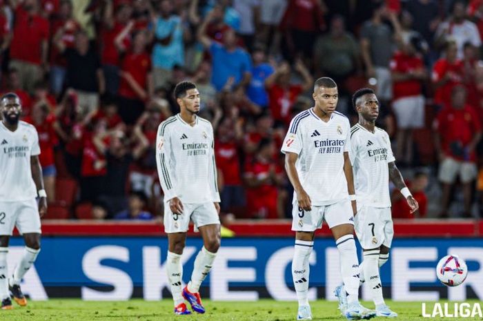 Ekspresi lesu para pemain Real Madrid setelah gawang mereka dibobol oleh RCD Mallorca pada pekan perdana Liga Spanyol 2024-2025 di Estadi Mallorca San Moix, Minggu (18/8/2024).