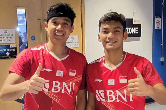 Ganda Putra Indonesia, Muhammad Shohibul Fikri/Bagas Maulana usai bertanding di babak perempat final All England Open 2022 pada Jumat (18/3/2022)