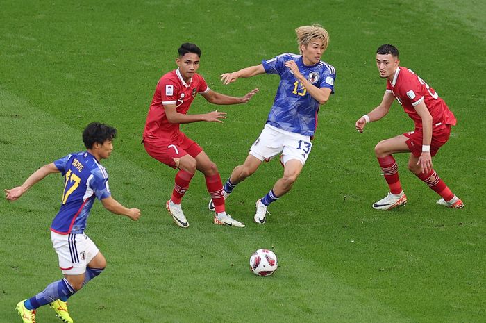 Suasana pertandingan antara timnas Indonesia melawan Jepang dalam laga pamungkas Grup D Piala Asia 2023 yang berlangsung di Stadion Al Thumama, Doha, Rabu (24/1/2024).