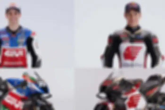 Pembalap LCR Honda Alex Marquez (kiri) beda liveryb dengan Takaaki Nakagami (kanan), begitu juga motor MotoGP Honda RC213V