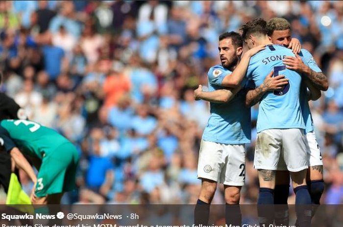 Para pemain Manchester City merayakan gol ke gawang Tottenham, 20 April 2019.