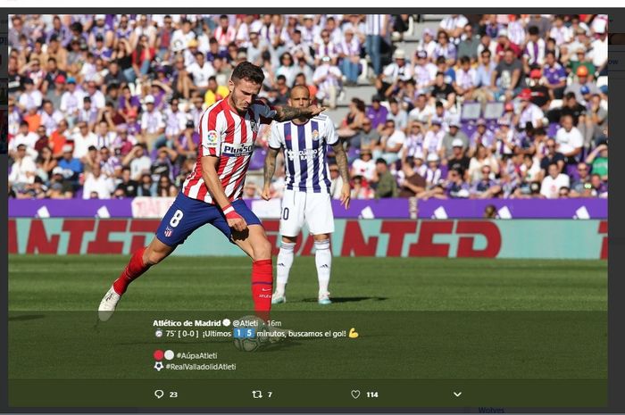 Aksi Saul Niguez saat Atletico Madrid hanya bermain imbang 0-0 saat bertandang ke kandang Real Valladolid, Estadio Municipal Jose Zorrilla, Minggu (6/10/2019).