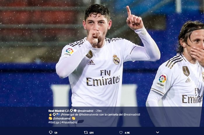 Selebrasi Federico Valverde saat real Madrid menang 4-0 atas Eibar di Ipurua Municipal Stadium, pada laga pekan ke-13 Liga Spanyol, Sabtu (9/11/2019). 