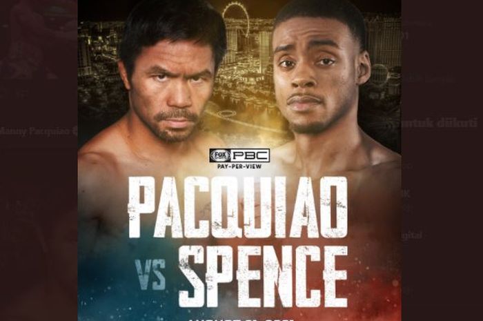 Poster pengumuman duel antara Manny Pacquiao dan Errol Spence Jr pada 21 Agustus 2021. 