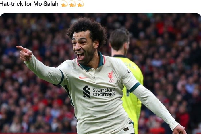 Penyerang Liverpool, Mohamed Salah, mencetak hattrick ke gawang Manchester United pada laga di Old Trafford, Inggris, Minggu (24/10/2021)