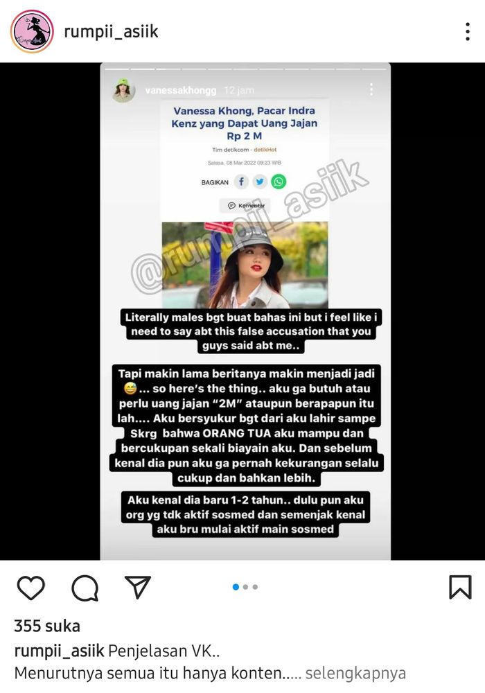 Klarifikasi Vanessa Khong terkait kasus Indra Kenz.