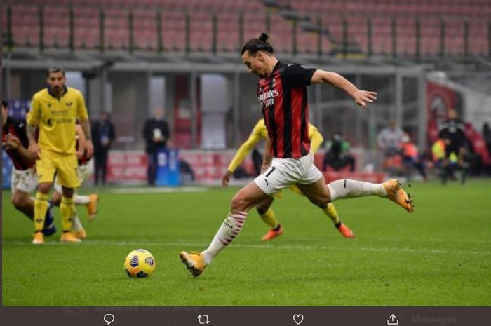 Zlatan Ibrahimovic mengambil tendangan penalti dalam laga AC Milan vs Hellas Verona.