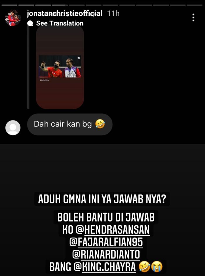 Tangkapan layar Instagram Story dari Jonatan Christie pada Kamis (2/12/2021) malam.