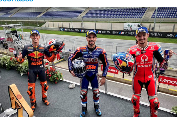 Pemenang MotoGP Styria 2020 ;  Podium ketiga Pol Espargaro (kiri), podium pertama Miguel Oliveira (tengah), dan podium kedua Jack Miller (kanan). 