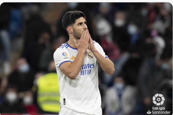 Ekspresi pemain Real Madrid, Marco Asensio, pada laga pekan ke-23 Liga Spanyol 2021-2022 versus Granada di Santiago Bernabeu, Madrid, Spanyol, Minggu (6/2/2022) waktu setempat atau Senin dini hari WIB.