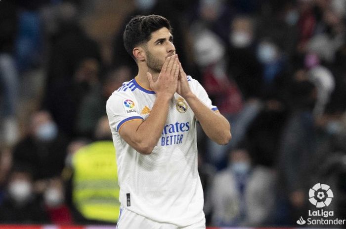 Ekspresi pemain Real Madrid, Marco Asensio, pada laga pekan ke-23 Liga Spanyol 2021-2022 versus Granada di Santiago Bernabeu, Madrid, Spanyol, Minggu (6/2/2022) waktu setempat atau Senin dini hari WIB.