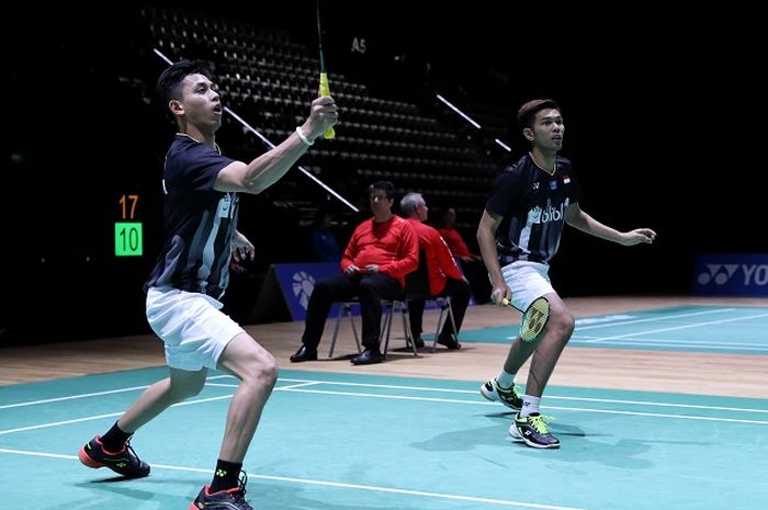 Pasangan ganda putra Indonesia, Fajar Alfian/Muhammad Rian Ardianto, tampil pada babak kedua Swiss Open 2019 di St Jakobshalle, Kamis (14/3/2019).