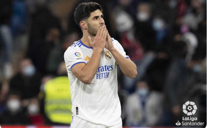 Ekspresi pemain Real Madrid, Marco Asensio, pada laga pekan ke-23 Liga Spanyol 2021-2022 versus Granada di Santiago Bernabeu, Madrid, Spanyol, Minggu (6/2/2022) waktu setempat atau Senin dini hari WIB.