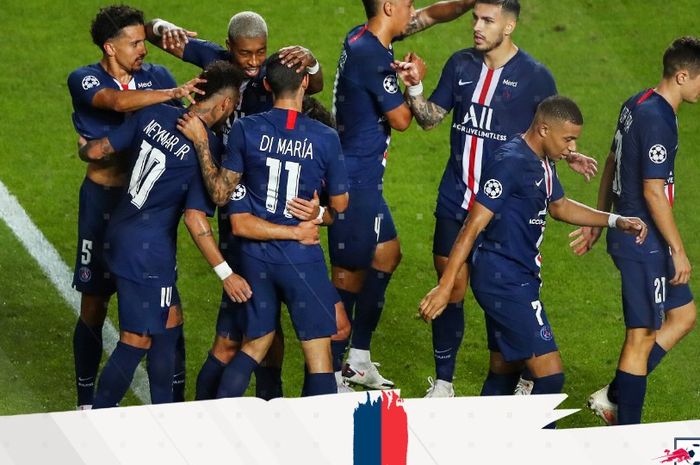 Selebarasi pemain Paris Saint-Germain usai menang atas RB Leipzig laga semifinal Liga Champions di Estadio da Luz, Portugal, Selasa (18/8/2020) atau Rabu dini hari WIB. 