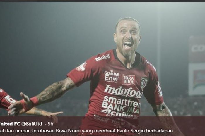 Paulo Sergio merayakan golnya untuk Bali United ke gawang Persija dalam partai Liga 1 di Stadion Kapten I Wayan Dipta Gianyar, 31 Mei 2019.