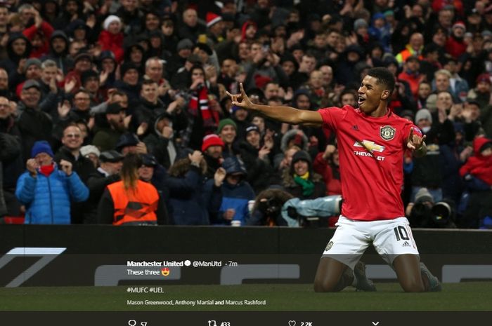 Selebrasi Marcus Rashford usai mencetak gol ke gawang Partizan Belgrade di Stadion Old Trafford, Kamis (7/11/2019) atau Jumat dini hari WIB.