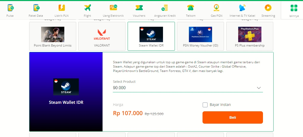 Tampilan menu Top Up Steam Wallet di Tokopedia