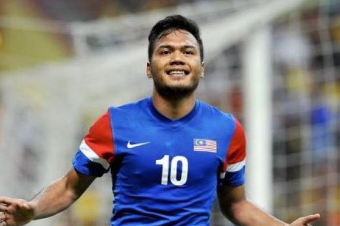 Penyerang Timnas Malaysia, Safee Sali usai membobol gawang Timnas Indonesia di ajang Piala AFF 2010.