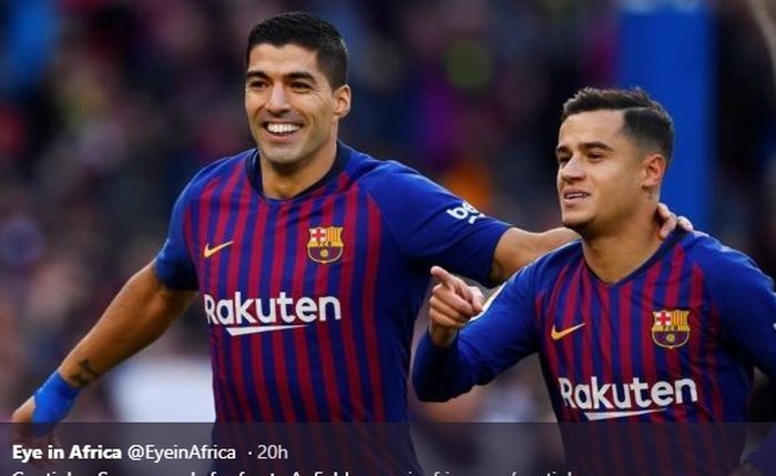 Mantan pemain Liverpool yang kini memperkuat Barcelona, Luis Suarez dan Philippe Coutinho