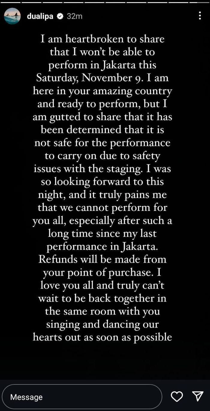 Dua Lipa umumkan batal manggung di Jakarta