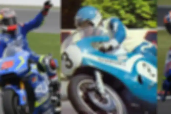 Hubungan ajaib Michelin dan Suzuki di ranah Inggris terjadi di musim 2016 (Maverick Vinales/kiri)); musim 1973 (Jack FIndlay/tengah) dan musim 2019 (Alex RIns/kanan)