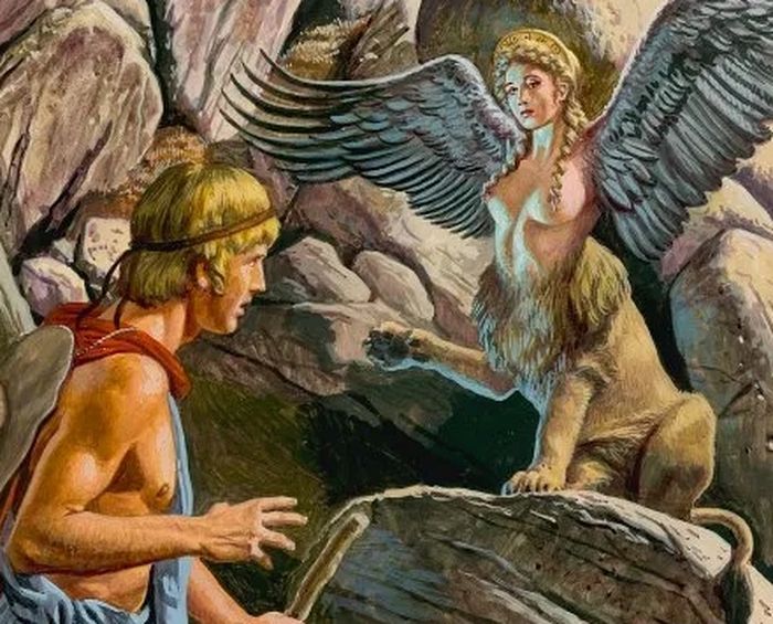 Sphinx dalam mitologi Yunani digambarkan sebagai monster betina. Ia memiliki wajah dan payudara wanita, dengan tubuh singa, ekor ular dan sayap burung.