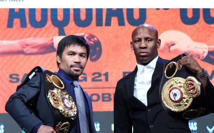 Manny Pacquiao pada sesi foto sebelum duel melawan Yordenis Ugas, Kamis (19/8/2021)