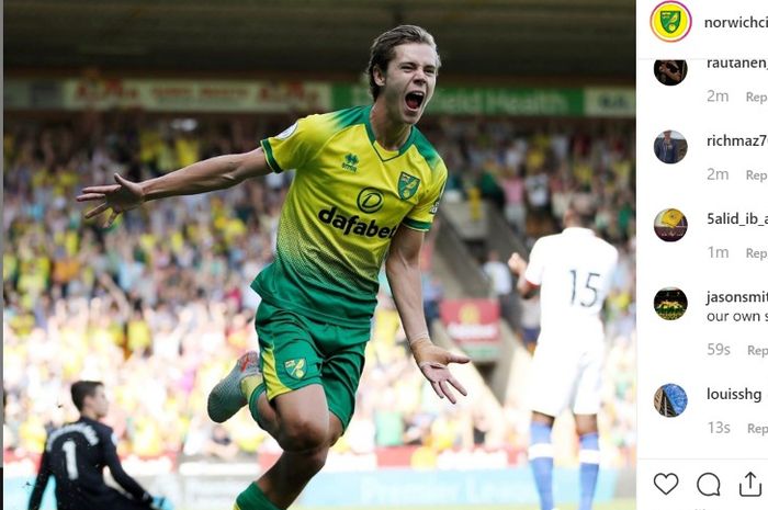 Todd Cantwell saat mencetak gol bagi Norwich City ke gawang Chelsea, Sabtu (24/8/2019)