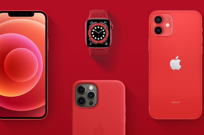 iPhone dan Apple Watch dalam balutan warna PRODUCT(RED).