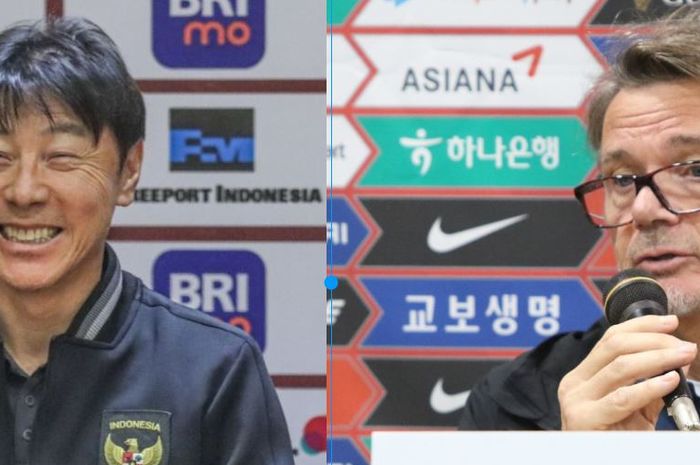 Pelatih Timnas Indonesia, Shin Tae-yong (kiri) dan pelatih timnas Vietnam, Philippe Troussier (kanan).