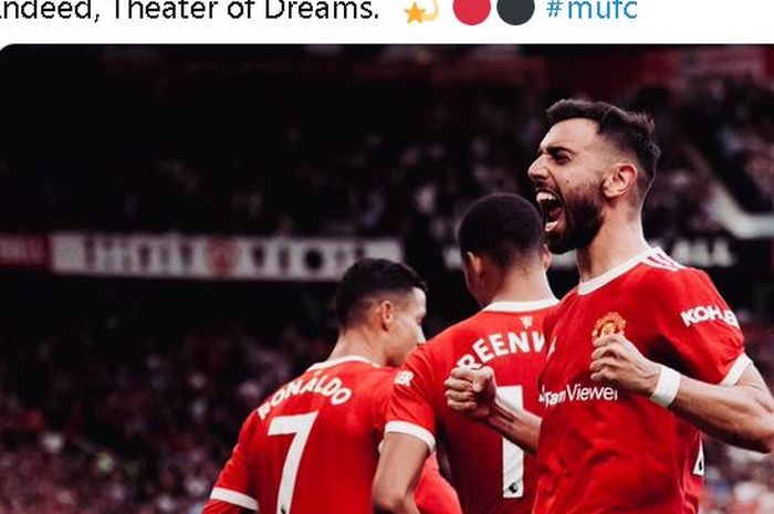 Bruno Fernandes (paling kanan) saat merayakan gol yang dicetaknya dalam pertandingan antara Manchester United melawan Newcastle United di pekan ke-4 Liga Inggris 2021-2022.